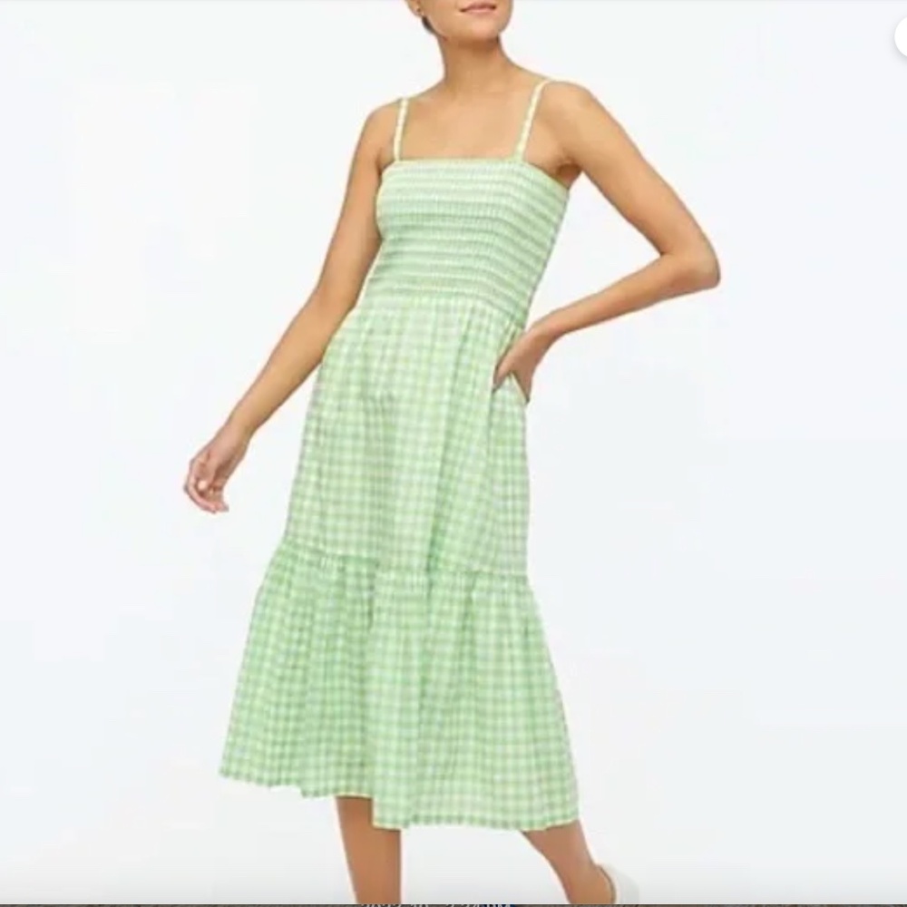 J. Crew Smocked Top Green Gingham Dress